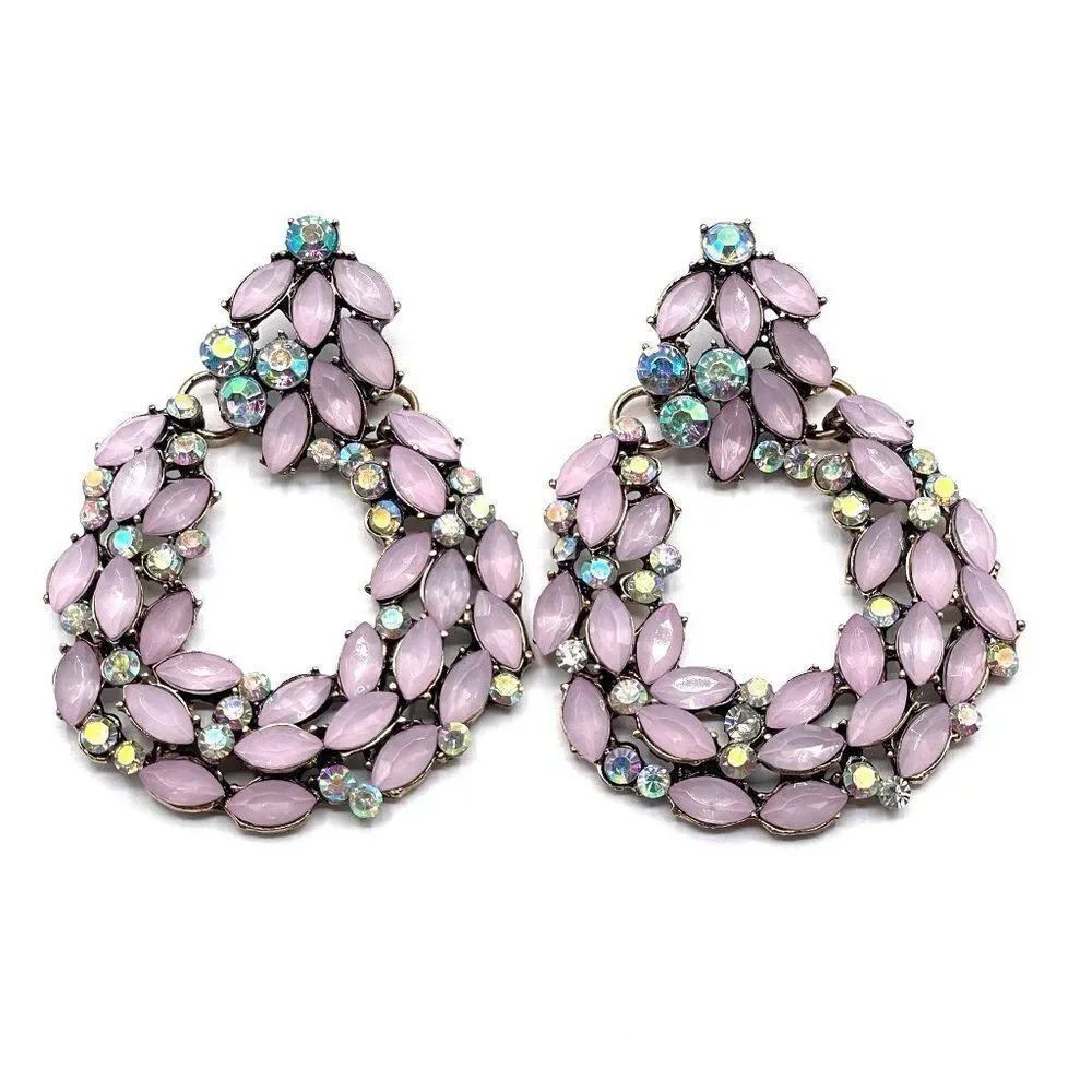 Yellow Gold with Light Pink andโIridescent AB Crystal Round Post BackโEarrings